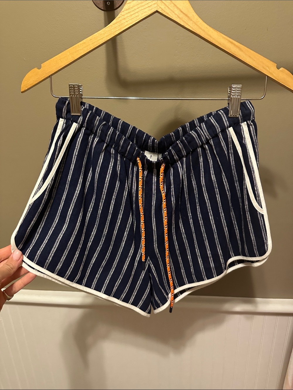 The Upside Navy and White Striped Linen Shorts with Orange Drawstring